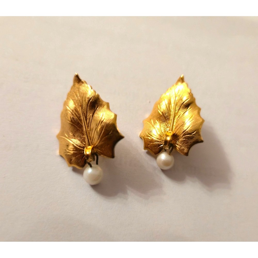 Gold-Tone Leaf Clip-On Earrings With Dangling Faux Pearls Vintage Style